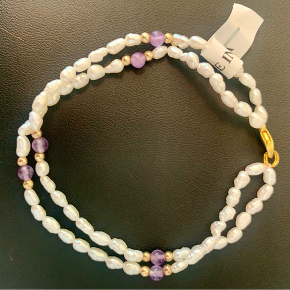 NWOT Biwa Pearl & Amethyst Double Strand Bracelet - Picture 3 of 6